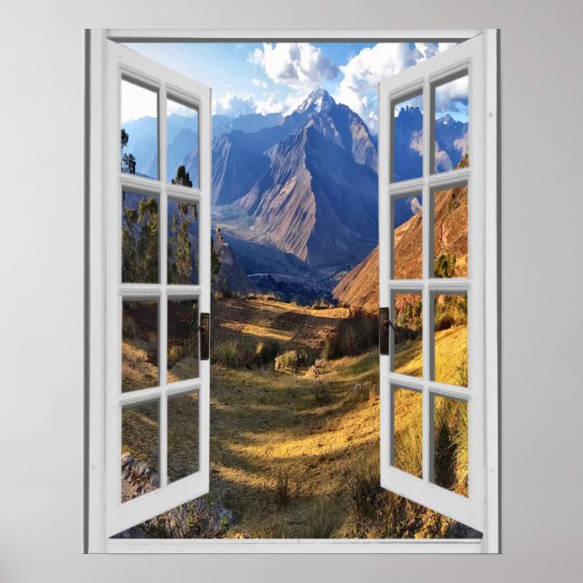 Póster Mountain Peaks View Trompe l'oeil Fake Window (Frente)