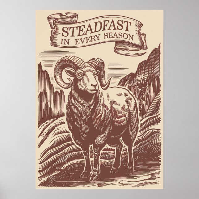 Póster Mountain Ram Steadfast Nature Woodcut Design (Frente)