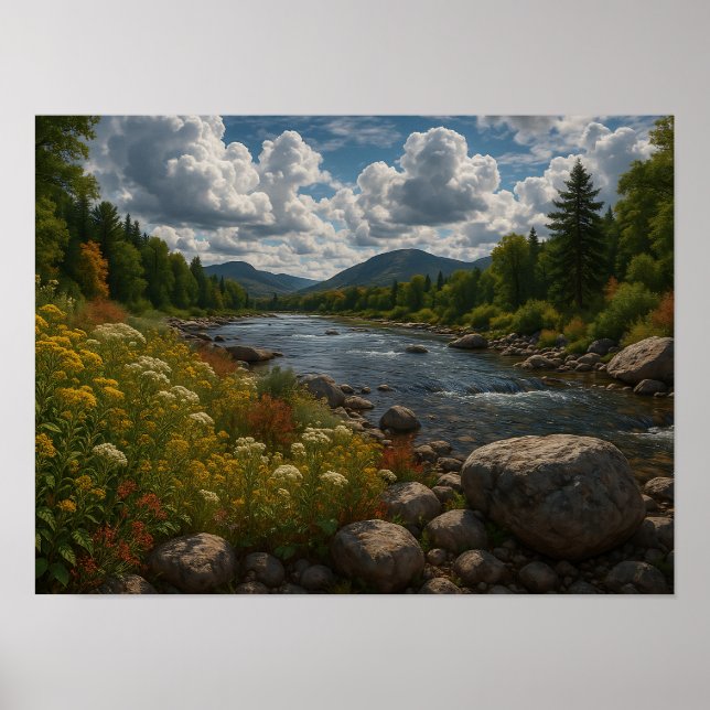 Póster Mountain River Wildflowers Landscape  (Frente)