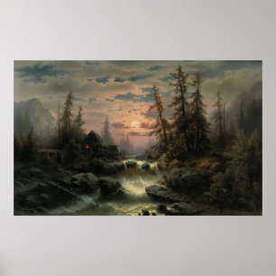 Póster Mountain Stream en la luz de la luna - Albert Rieg