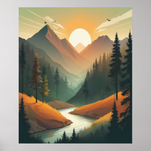 Póster Mountain Sunrise Ilustracion: Paisaje detallado