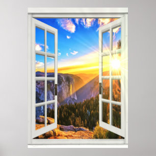 Póster Mountain Sunrise View Trompe l'oeil Faux Window