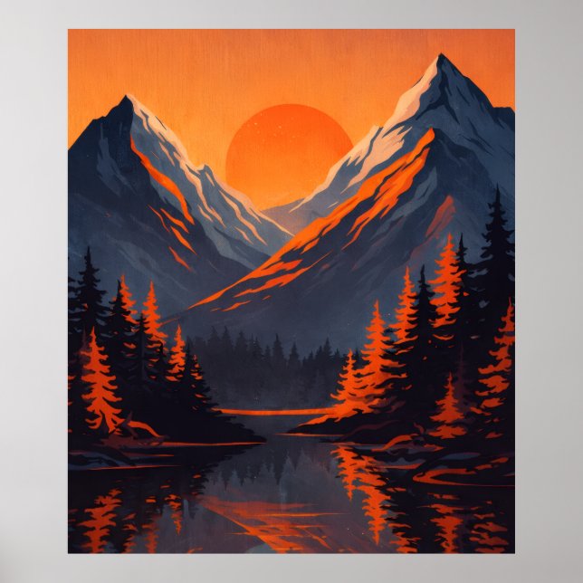 Póster Mountain Sunset Reflection Fiery Orange Sky  (Frente)