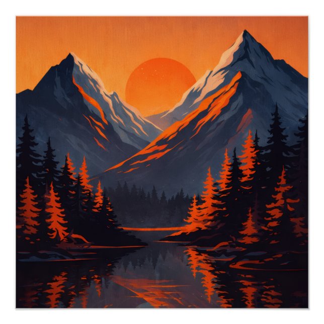 Póster Mountain Sunset Reflection Fiery Orange Sky  (Anverso)