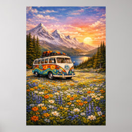 Póster Mountain Sunset Wildflowers Retro Hippie Van Art