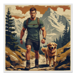 Póster Mountain Trail Hiker & Dog Adventure Illustration
