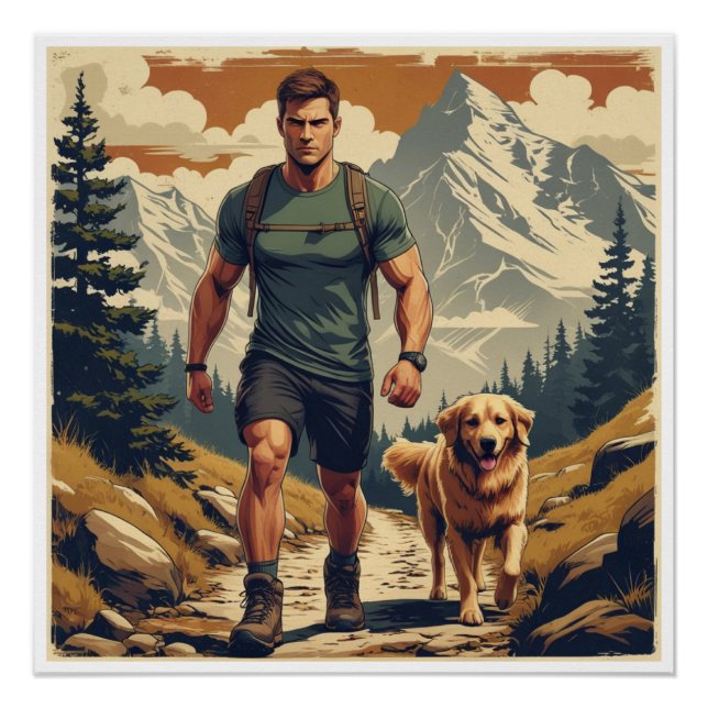 Póster Mountain Trail Hiker & Dog Adventure Illustration (Anverso)