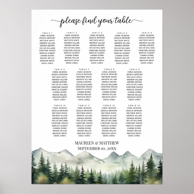 Póster Mountains and Pines 13 Tables Wedding Seating (Frente)