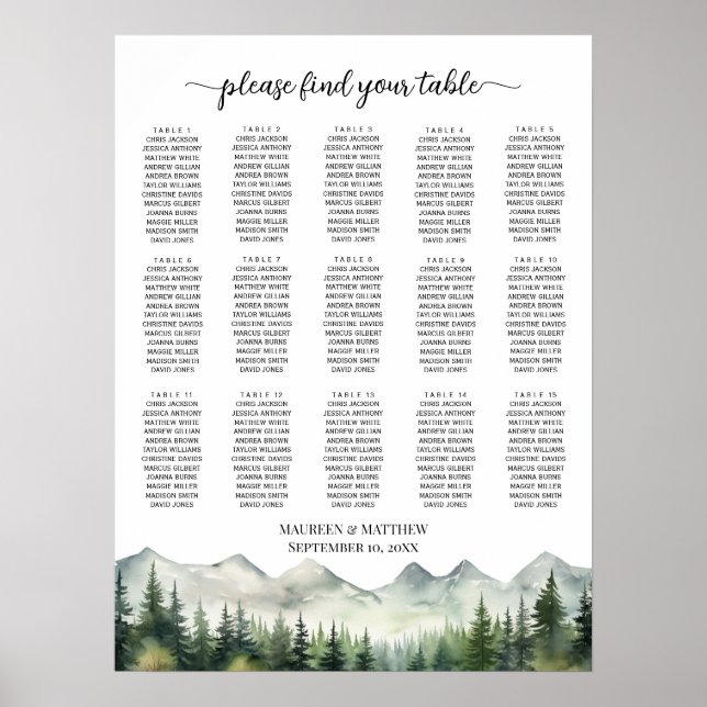 Póster Mountains and Pines 15 Tables Wedding Seating (Frente)