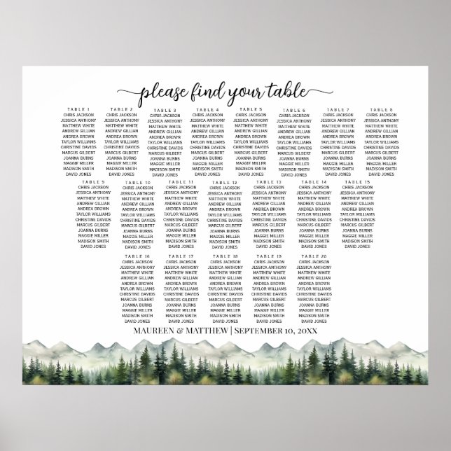 Póster Mountains and Pines 20 Tables Wedding Seating (Frente)