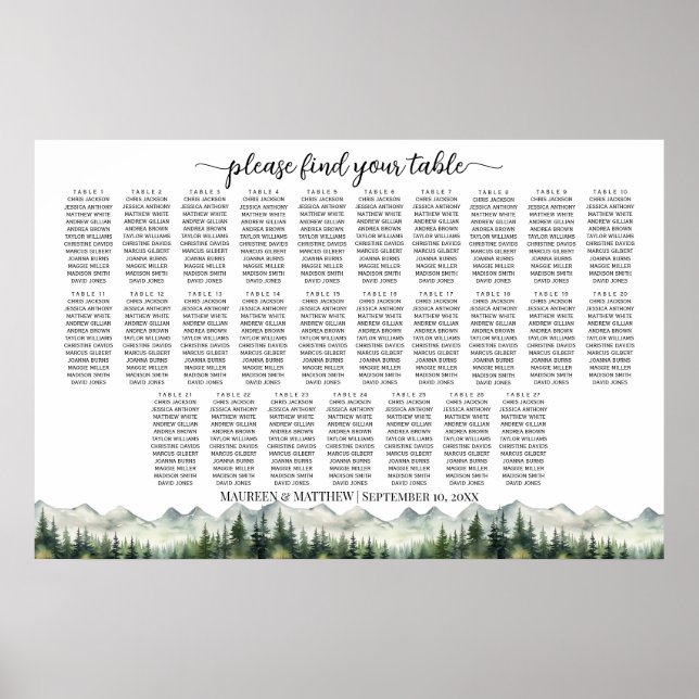 Póster Mountains and Pines 27 Tables Wedding Seating (Frente)