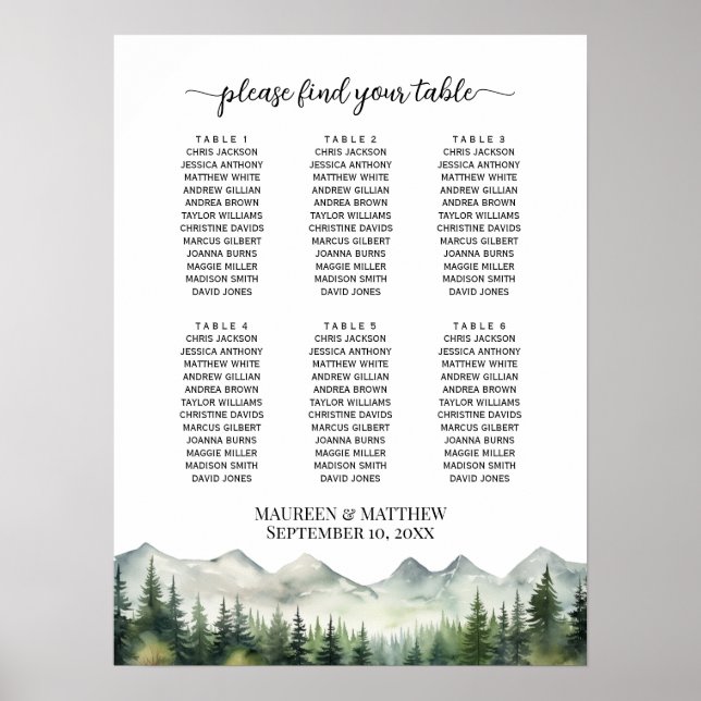 Póster Mountains and Pines 6 Tables Wedding Seating (Frente)