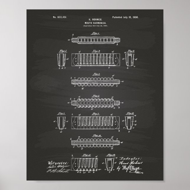 Póster Mouth Harmonica 1900 Patent Art Chalkboard (Frente)