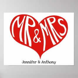 Póster Mr and Mrs Red and White Heart Shape Wedding