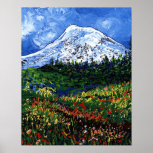 Póster Mt Rainier con flores