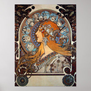 Póster Mucha Retro Art Nouveau Mujer Vintage Zodiac Pluma