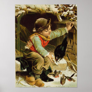 Póster Muchacho joven con los pájaros en la nieve