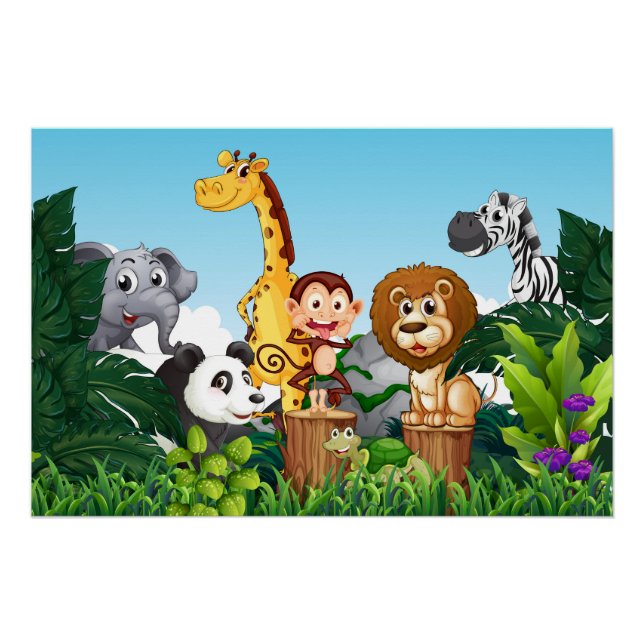 Póster Muchos animales se divierten en el bosque (Anverso)