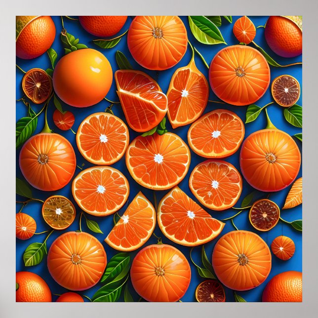 Póster Muchos naranjas pintando frutas. (Frente)