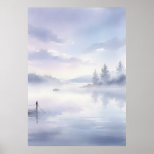 Póster Muelle de barco de árboles de pino de lago brumoso