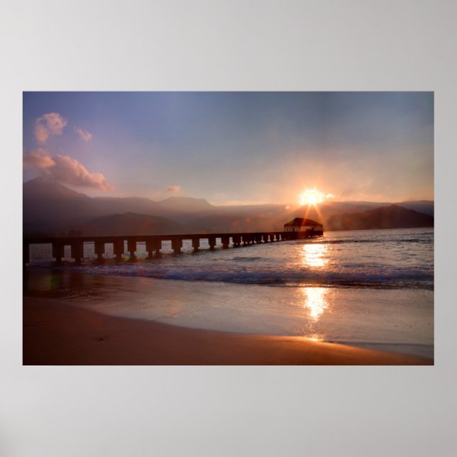 Póster muelle de playa al atardecer, Hawái (Frente)