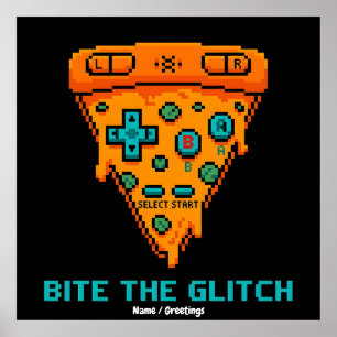 Póster Muerde el Glitch Retro Pizza de 8 Bits Pixel Gamer