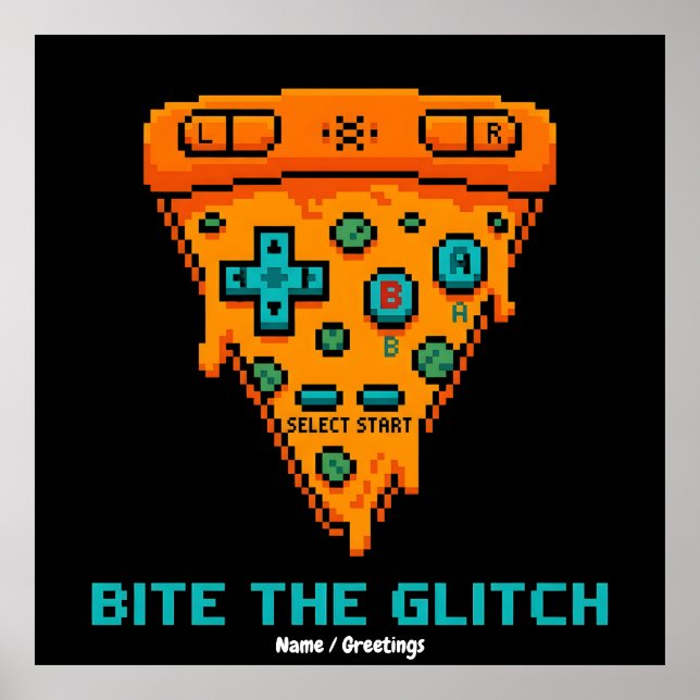 Póster Muerde el Glitch Retro Pizza de 8 Bits Pixel Gamer (Frente)