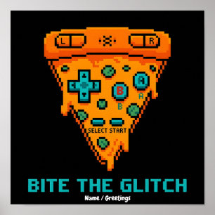 Póster Muerde el Glitch Retro Pizza de 8 Bits Pixel Gamer