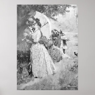 Póster Muere Gartenlaube en 1895, beso robado en blanco y