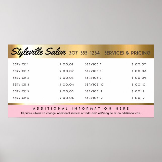Póster Muestra de precios de servicio de salón de estilo  (Frente)