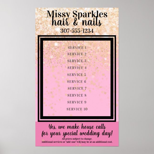 Póster Muestra de precios de servicios de salón de bellez (Frente)