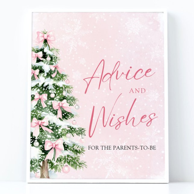 Póster Muestra los consejos y deseos de Baby Shower del á (Winter Pink Bows Christmas Tree Baby Shower Advice and Wishes Pedestal Sign)