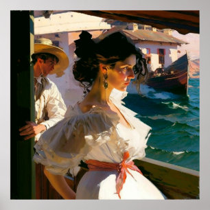 Póster Mujer a bordo de un barco que entra a puerto en un