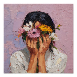 Póster Mujer abstracta sosteniendo una flor floreciendo y