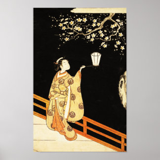 Póster Mujer admirando flores de ciruelo por la noche