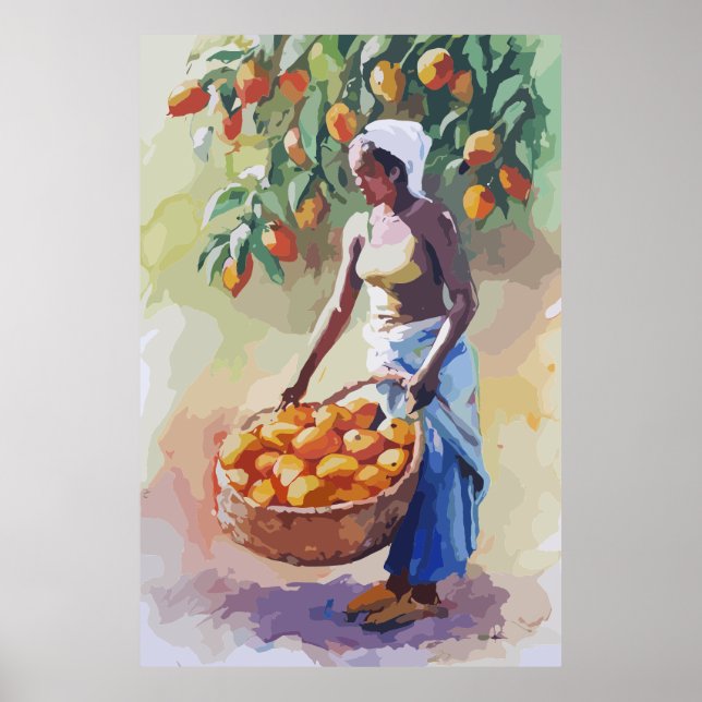 Póster Mujer africana coleccionando fruta del mongo (Frente)