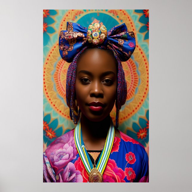 Póster Mujer africana con gran arco y medallón (Frente)
