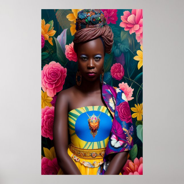 Póster Mujer africana elegante con un vestido amarillo (Frente)