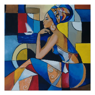 Póster Mujer africana junto al mar Abstracto Cubismo Glos
