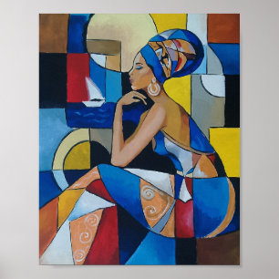 Póster Mujer africana junto al mar Retrato abstracto del