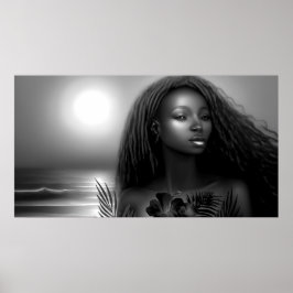 Póster Mujer afroamericana playa luz de luna monocromo