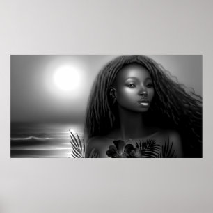 Póster mujer afroamericana playa luz de luna monocromo