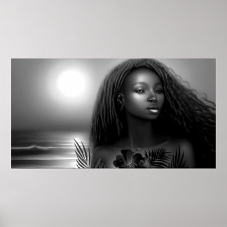 Póster Mujer afroamericana playa luz de luna monocromo