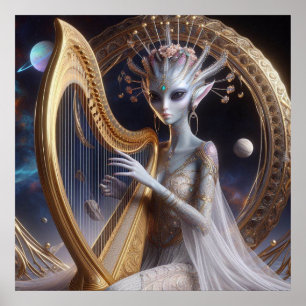 Póster Mujer Alien Espacial Hermosa Tocando Arpa