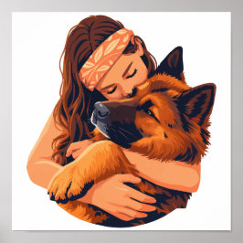 Póster Mujer amorosa abrazando a un perro pastor alemán