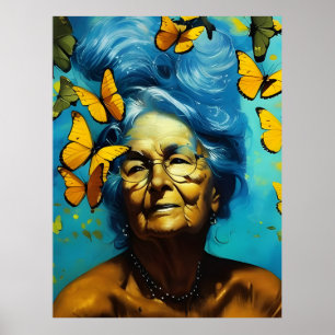 Póster Mujer Anciana Con Mariposas