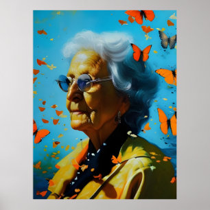 Póster Mujer Anciana Con Mariposas