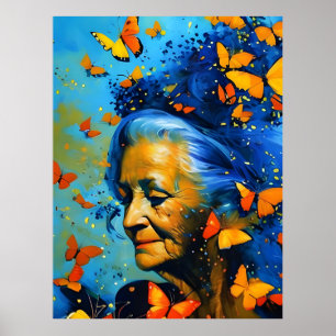 Póster Mujer Anciana Con Mariposas