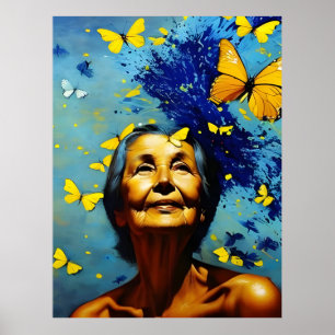 Póster Mujer Anciana Con Mariposas
