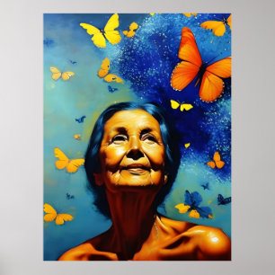 Póster Mujer Anciana Con Mariposas